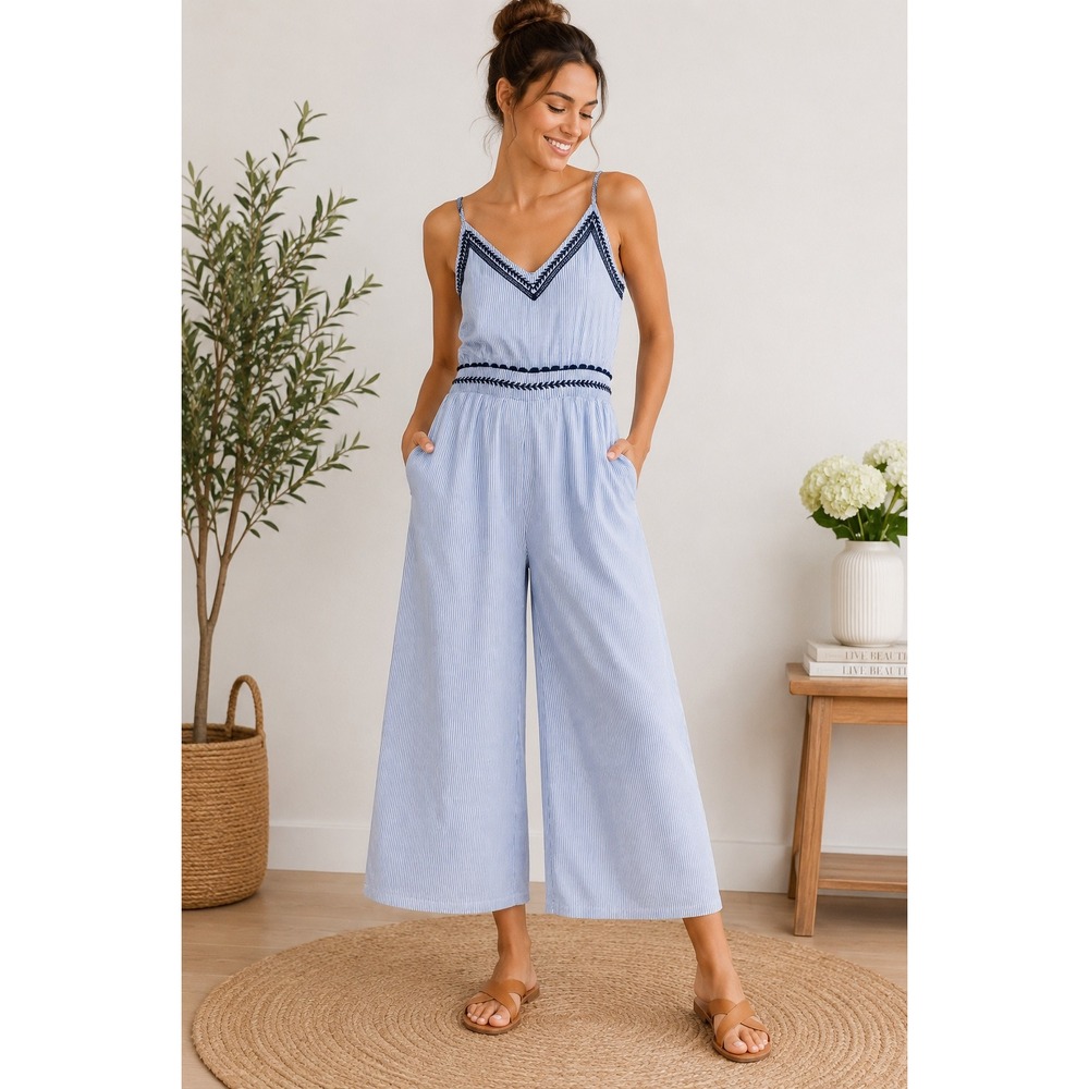 Japna Womens Blue White Striped Embroidered Wide Leg Jumpsuit Medium NWT